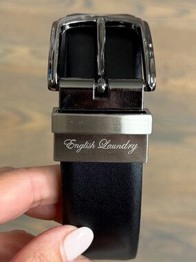 English Laundry Black/Brown Reversible Leather Belt with Brushed Silver Buckle